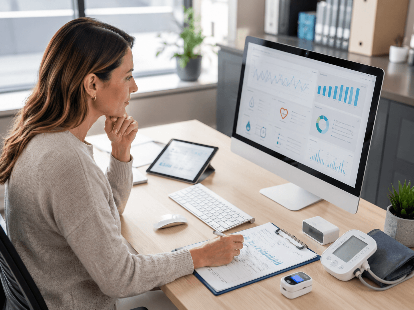 Healthcare professional reviewing Remote Patient Monitoring data and billing documentation