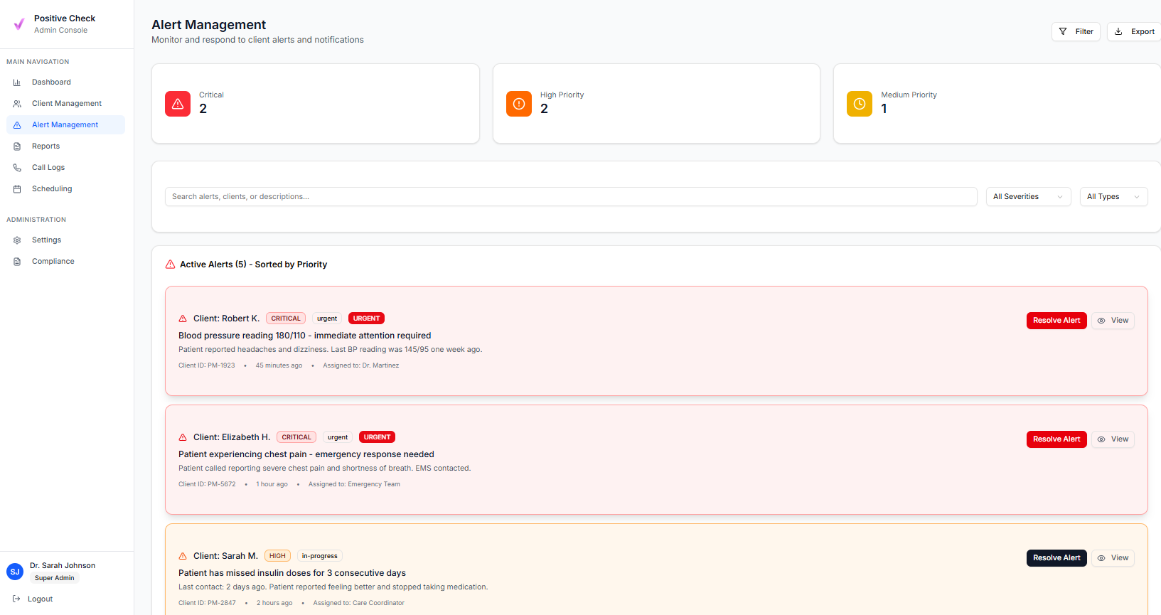 Admin console alert management showing critical patient alerts and real-time notifications
